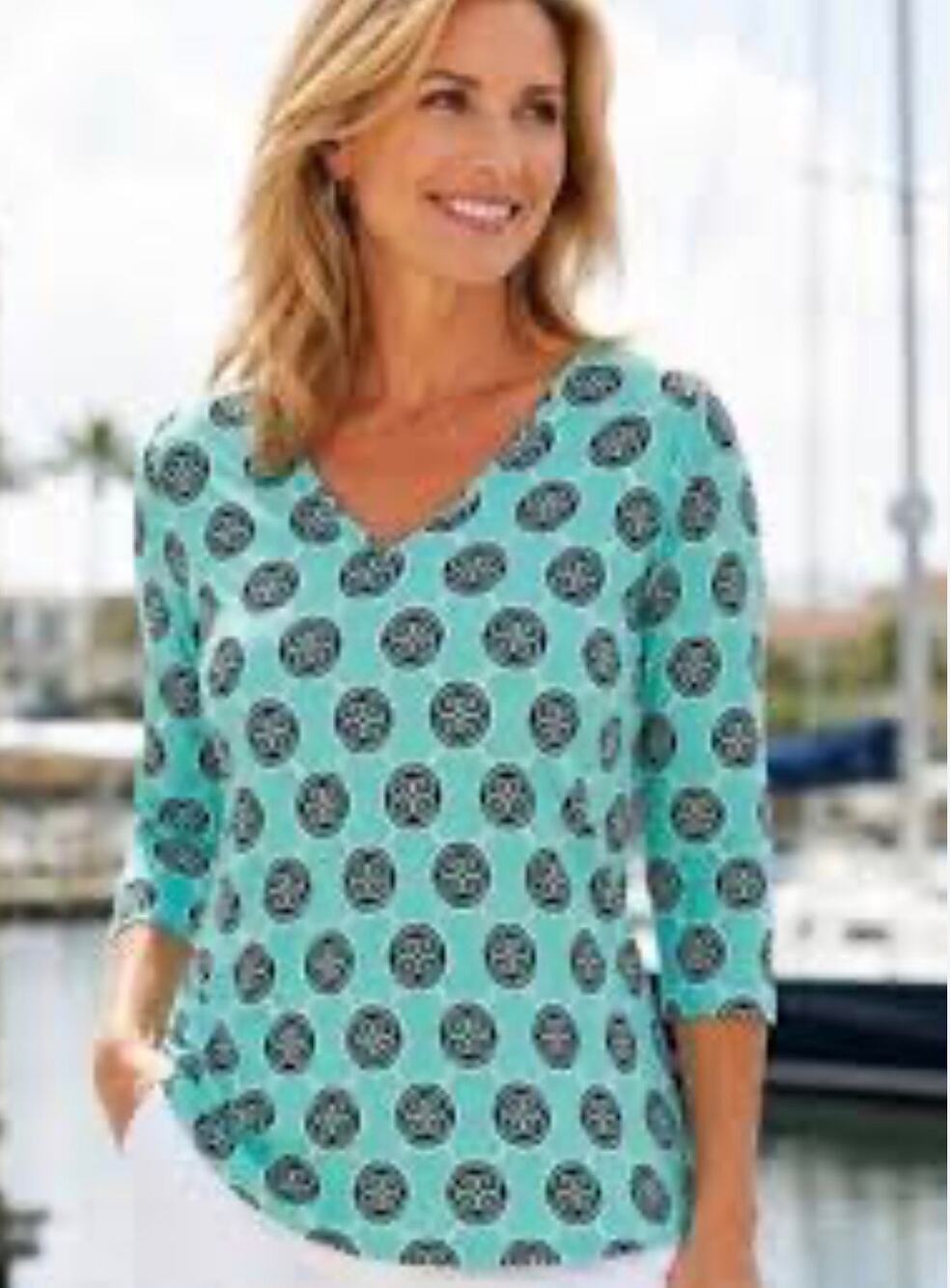 Anthony's Resort Wear Knit Blouse Top UPF Medallioin Turquoise XL Vacation
